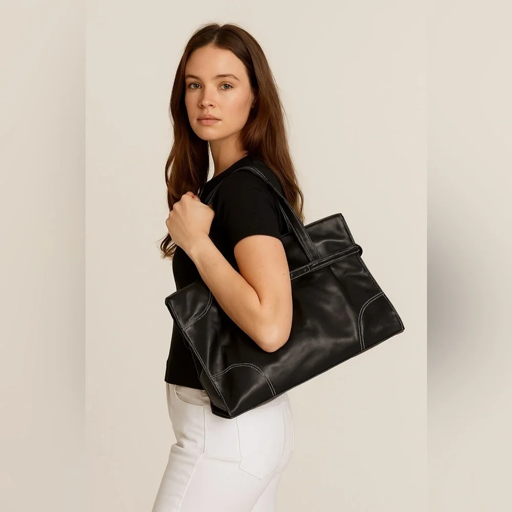 Black Top Handle Bag with White Stitching